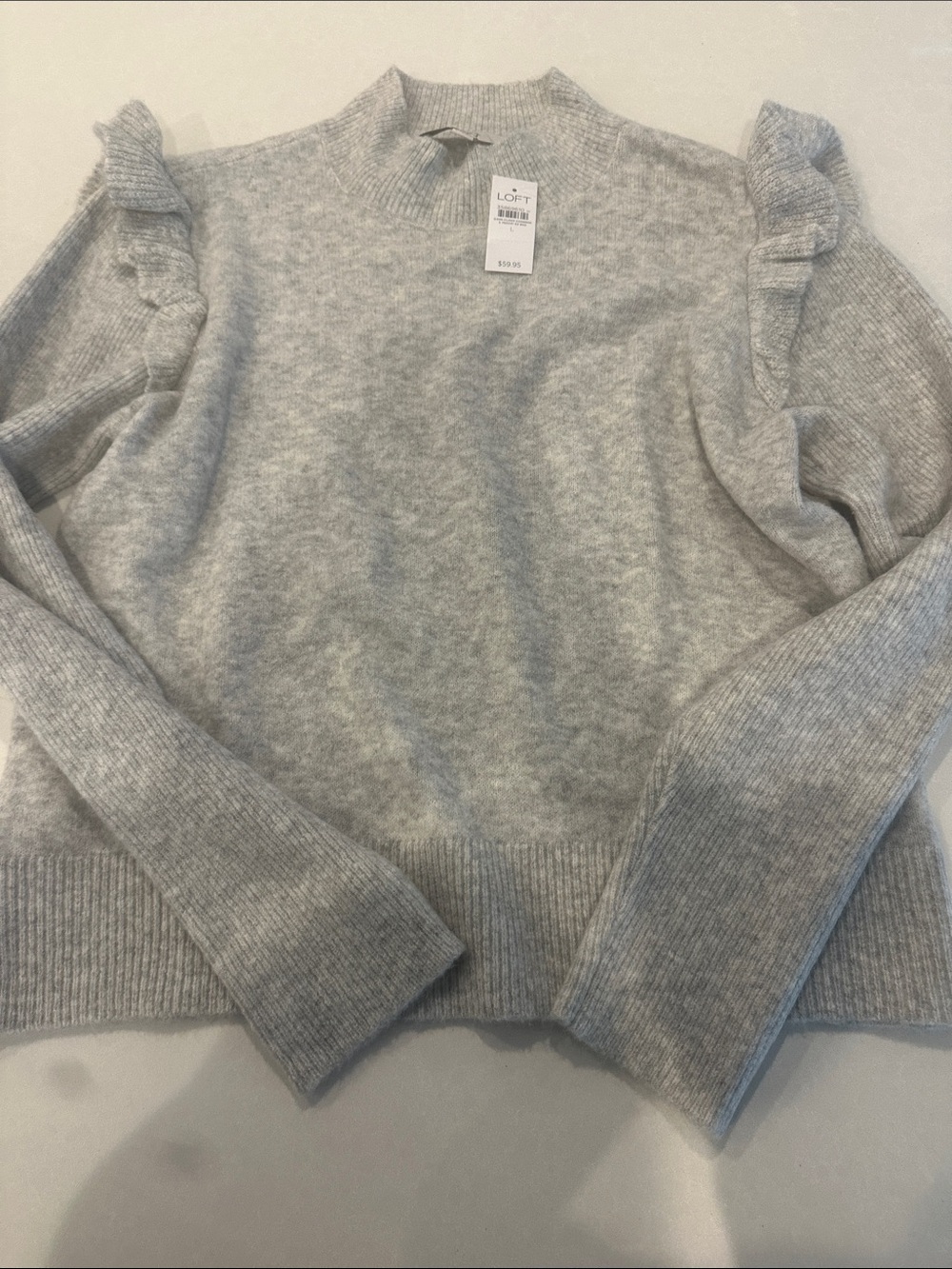 LOFT Gray Ruffle-Shoulder Mock Neck Sweater